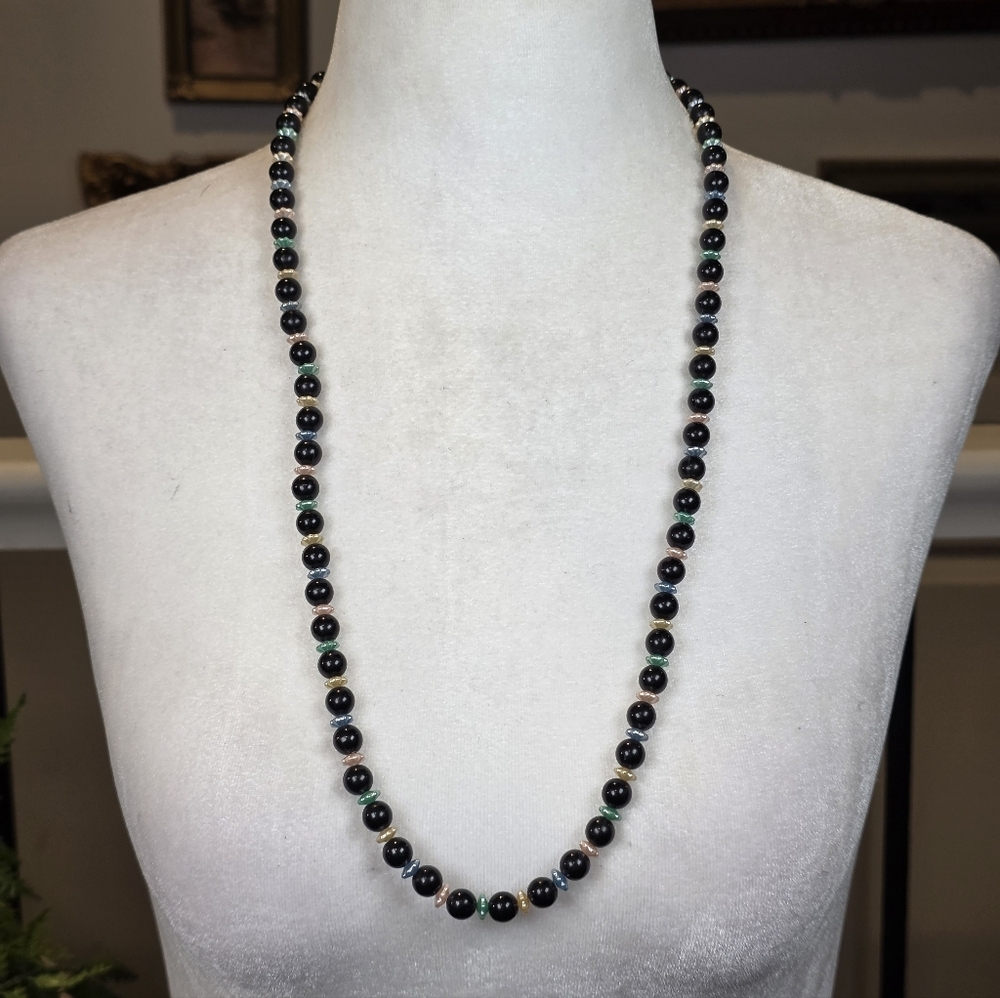 Vintage Black Onyx Beaded Necklace w/ Pastel Accent Spacers, Long Opera Style